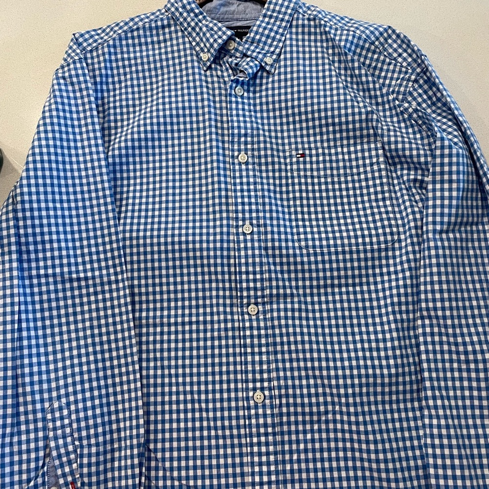 Tommy Hilfiger Men's Blue and White Checkered Shirt